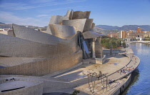 Spain, Basque Country, Bilbao, Guggenheim Museum seen from Puente de la Salve.