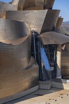 Spain, Basque Country, Bilbao, A section of the Guggenheim Museum seen from Puente de la Salve.