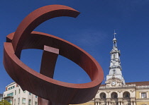 Spain, Basque Country, Bilbao, City Hall in the Baroque style dating from 1892, sculpture by Jorge Oteiza in front of the building.