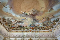 Germany, Bavaria,  Munich, Schleissheim Palace, The Neues Schloss or New Castle, Speisesaal or Dining Room, Ceiling fresco by Thomas Wink showing the nymph Calypso receiving the stranded Odysseus with...