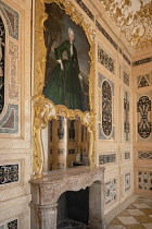 Germany, Bavaria,  Munich, Schleissheim Palace, The Neues Schloss or New Castle, Stucco-work Cabinet with inlaid stucco marble panels and a portrait of the Electoral Princess Maria Amalia above the fi...