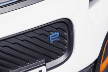 Transport, Road, Car, Blue E symbol on vehicle showing it is electric version.