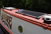 Energy, Power, Renewable, Solar panels on roof of canal barge to collect power for batteries.