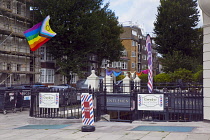 England, East Sussex, Brighton, Hove, Western Road, Entrance to Gwydr underground barber shop decorated with mutli coloured pants.