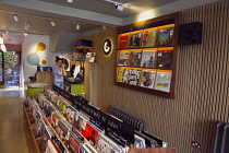 England, East Sussex, Brighton, Hove, Western Road, Interior of Capsule Records vinyl discs and coffee shop.