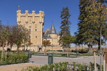 Spain, Castile and Leon, Segovia, 12th century Alcazar of Segovia with the 15th century Tower of John 2nd of Castile being the main feature, head on view from the Plaza de la Reina Victoria in front o...