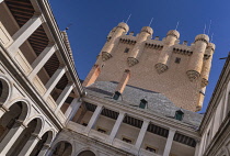 Spain, Castile and Leon, Segovia, 12th century Alcazar of Segovia with an angular view of the 15th century Tower of John 2nd of Castile from the inner courtyard.