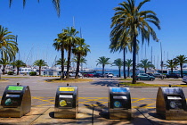 Spain, Balearic Islands, Majorca, Palma de Mallorca, Recycling Bins beside marina.
