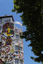 Spain, Balearic Islands, Majorca, Palma de Mallorca, Colourfully decorated Atrmadams hotel exterior on Carrer de Marques de la Senia.