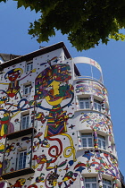 Spain, Balearic Islands, Majorca, Palma de Mallorca, Colourfully decorated Atrmadams hotel exterior on Carrer de Marques de la Senia.