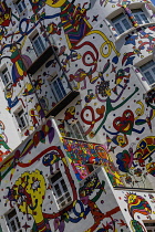 Spain, Balearic Islands, Majorca, Palma de Mallorca, Colourfully decorated Atrmadams hotel exterior on Carrer de Marques de la Senia.