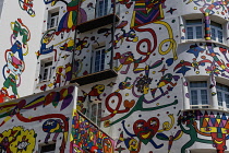 Spain, Balearic Islands, Majorca, Palma de Mallorca, Colourfully decorated Atrmadams hotel exterior on Carrer de Marques de la Senia.