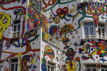 Spain, Balearic Islands, Majorca, Palma de Mallorca, Colourfully decorated Atrmadams hotel exterior on Carrer de Marques de la Senia.