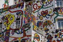 Spain, Balearic Islands, Majorca, Palma de Mallorca, Colourfully decorated Atrmadams hotel exterior on Carrer de Marques de la Senia.