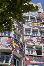 Spain, Balearic Islands, Majorca, Palma de Mallorca, Colourfully decorated Atrmadams hotel exterior on Carrer de Marques de la Senia.