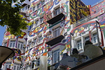 Spain, Balearic Islands, Majorca, Palma de Mallorca, Colourfully decorated Atrmadams hotel exterior on Carrer de Marques de la Senia.