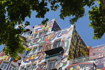 Spain, Balearic Islands, Majorca, Palma de Mallorca, Colourfully decorated Atrmadams hotel exterior on Carrer de Marques de la Senia.