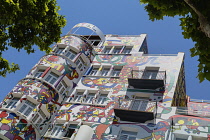 Spain, Balearic Islands, Majorca, Palma de Mallorca, Colourfully decorated Atrmadams hotel exterior on Carrer de Marques de la Senia.