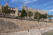 Spain, Balearic Islands, Majorca, Palma de Mallorca, Old Town.Royal Palace of La Almudaina and La Seu Gothic Roman Catholic Cathedral of Santa Maria