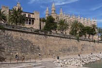 Spain, Balearic Islands, Majorca, Palma de Mallorca, Old Town.Royal Palace of La Almudaina and La Seu Gothic Roman Catholic Cathedral of Santa Maria
