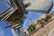 Spain, Balearic Islands, Majorca, Palma de Mallorca, Old Town. Abstract sculpture in the Parc de la Mar below La Seu Gothic Roman Catholic Cathedral of Santa Maria.