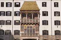 Austria, Tyrol, Innsbruck, The Goldenes Dachl or Golden Roof is a landmark structure located in the Old Town section of Innsbruck which was completed in 1500, the roof was decorated with 2,657 fire-gi...