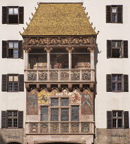 Austria, Tyrol, Innsbruck, The Goldenes Dachl or Golden Roof is a landmark structure located in the Old Town section of Innsbruck which was completed in 1500, the roof was decorated with 2,657 fire-gi...
