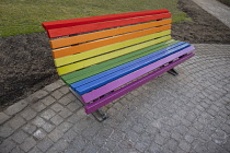 Austria, Tyrol, Innsbruck, Altstadt, seat painted in the rainbow gay pride colours.