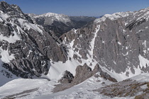 Austria, Tyrol, Innsbruck, view of the Nordkette mountain range from Seegrube which is the last stop of the Nordkettebahn Cable Car.