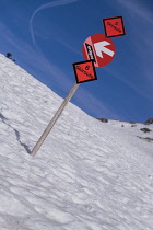 Austria, Tyrol, Innsbruck, Skiing signs at Seegrube the last stop of the Nordkettebahn Cable Car.