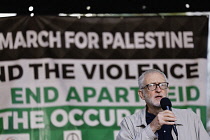 England, London, Pro Palestine protesters being addressed by Jeremy Corbyn at march, 15 October 2023.