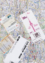 Germany, Berlin, Tourist map with train tickets and museum passes.