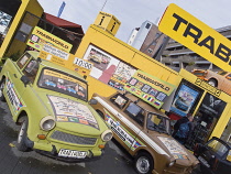 Germany, Berlin, Mitte, Exterior of Trabi World on Zimmerstrasse offering city tours in old Trabant 2 stroke cars.