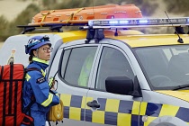 England, East Sussex, Camber Sands, Volunteers taking part in combined services rescue and recovery operation involving the emergency services. 28th September 2023.