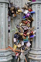 England, London, Westminster, Love padlocks on the ironwork of the bridge.