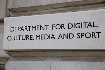 England, London, Westminster, Sign for the Department for Digital, Culture, Media and Sport sign in Whitehall.