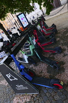 Sweden, Stockholm, E-scooters for hire.