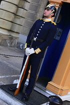 Sweden, Stockholm, Royal Palace guard at sentry box.