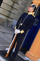 Sweden, Stockholm, Royal Palace guard at sentry box.