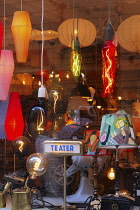 Sweden, Stockholm, The Old Town, window display in retro lighting shop.
