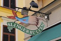 Sweden, Stockholm, The Old Town, Slingerbulten seafood restaurant sign.