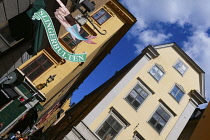 Sweden, Stockholm, The Old Town, Slingerbulten seafood restaurant sign.