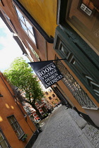 Sweden, Stockholm, The Old Town, Bookshop in narrow street.
