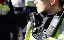 England, London, Parliament Square, public order police with body worn camera.