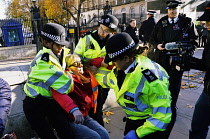 England, London, Whitehall, Just Stop Oil march and rally, protesters we arrested for stopping the traffic outside Downing Street, 23rd November 2023.