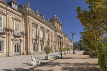 Spain, Castile, San Ildefonso, Palacio Real de la Granja de San Ildefenso dating from the 172o's, angular view of the palace facade.