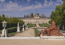 Spain, Castile, San Ildefonso, Palacio Real de la Granja de San Ildefenso dating from the 1720's, view towards the palace from the top end of the Cascada Nueva..