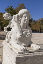 Spain, Castile, San Ildefonso, Palacio Real de la Granja de San Ildefenso, Sphinx like statue in the gardens.