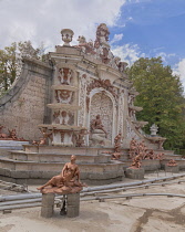 Spain, Castile, San Ildefonso, Palacio Real de la Granja de San Ildefenso dating from the 1720's, Los Banos de Diana or The Baths of Diana fountain. Without water showing pipework.