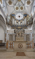 Germany, Bavaria, Augsburg, St Anne's Church, Fugger Church, high altar and organ.